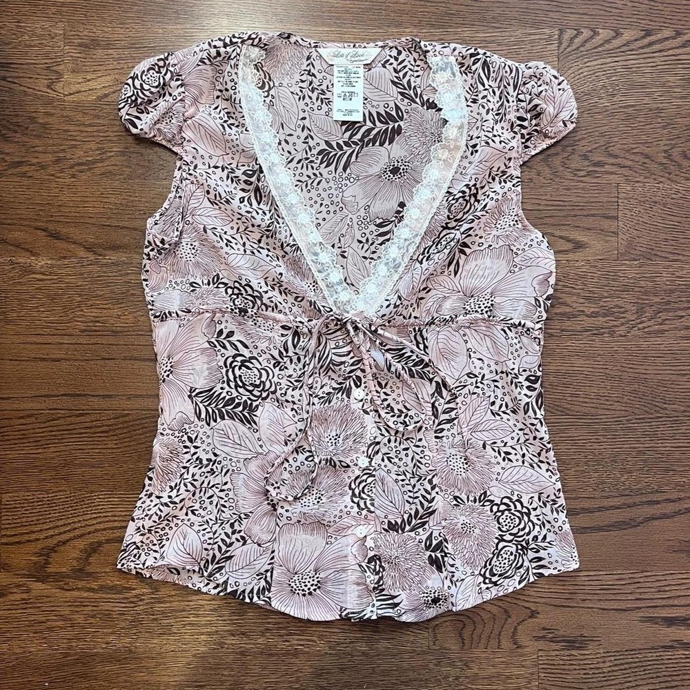 y2k vintage women's dusty pink semi sheer floral babydoll lace trim top medium